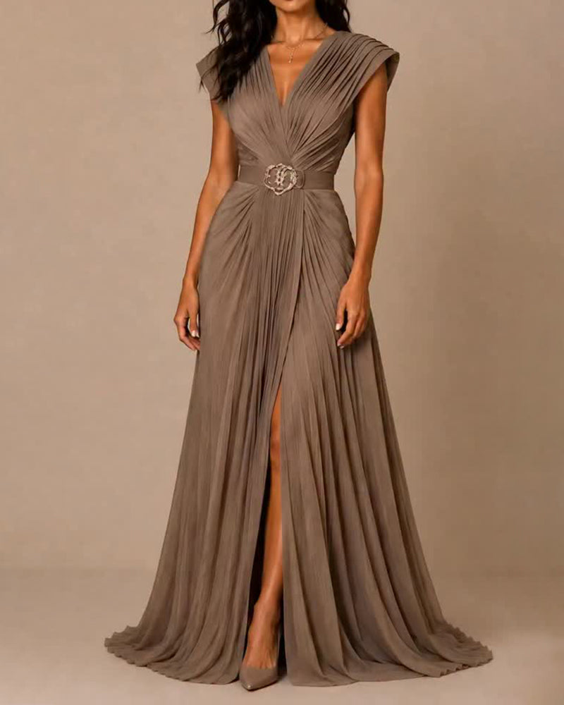 Valentina Grey Deep V Pleated Chiffon Maxi Gown