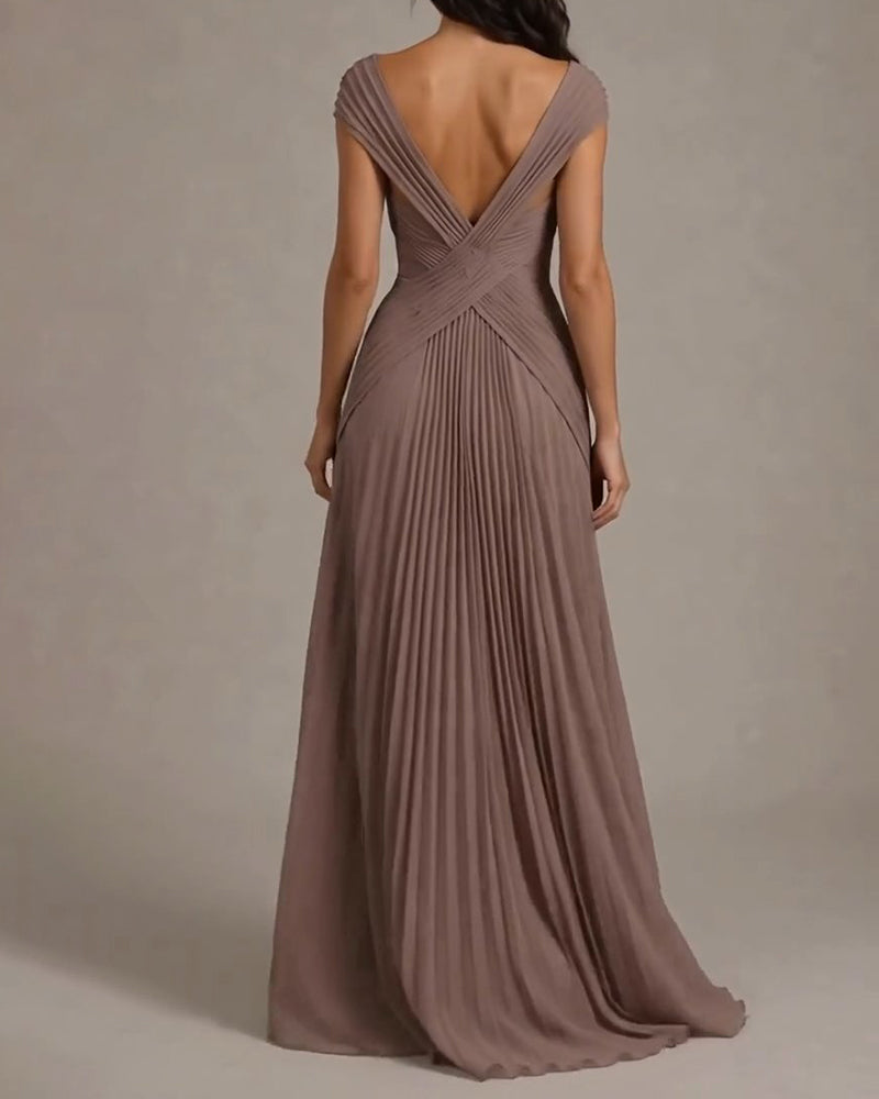 Julia Grey Off-the-Shoulder Cross Pleated Chiffon Maxi Gown