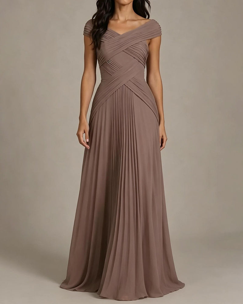 Julia Grey Off-the-Shoulder Cross Pleated Chiffon Maxi Gown