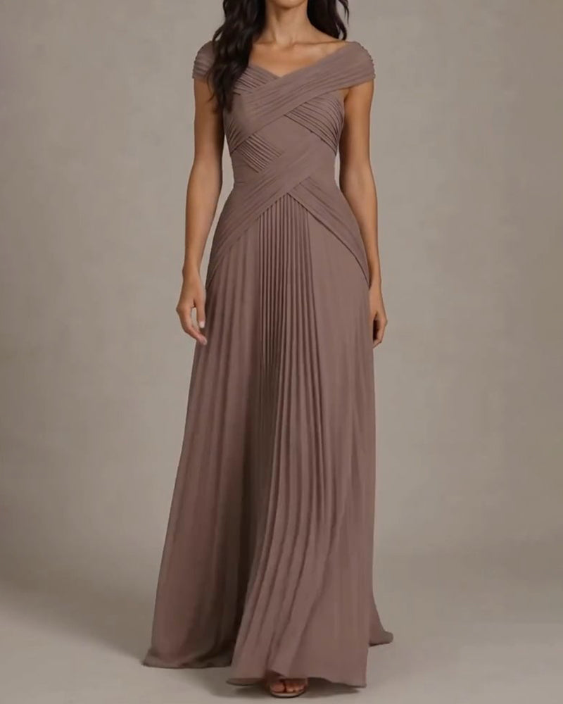 Julia Grey Off-the-Shoulder Cross Pleated Chiffon Maxi Gown