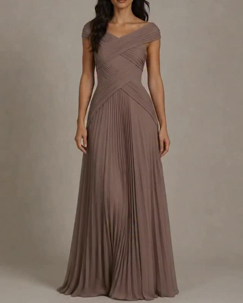 Julia Grey Off-the-Shoulder Cross Pleated Chiffon Maxi Gown