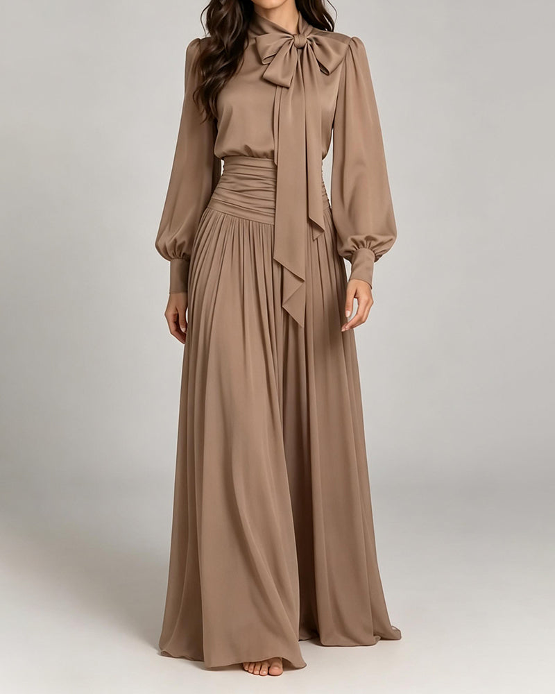 Aurelia Grey Bow Neck Puff Long Sleeve Chiffon Maxi Gown