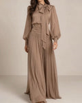 Aurelia Grey Bow Neck Puff Long Sleeve Chiffon Maxi Gown