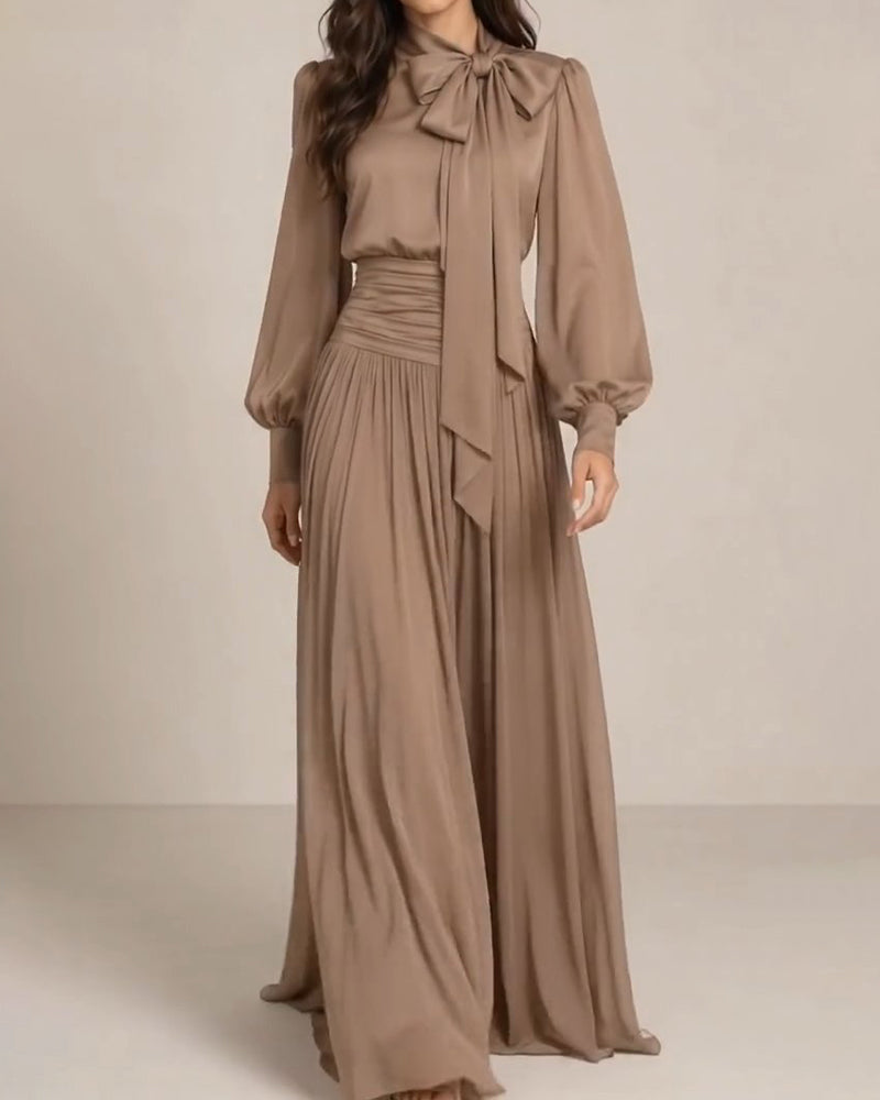 Aurelia Grey Bow Neck Puff Long Sleeve Chiffon Maxi Gown