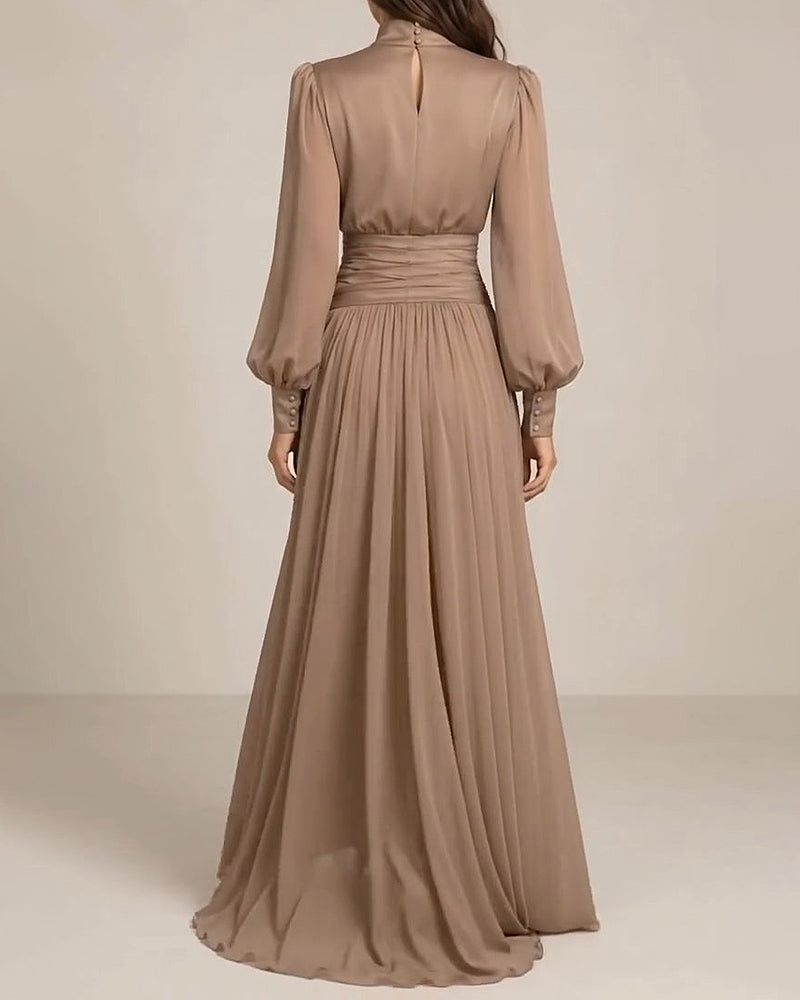 Aurelia Grey Bow Neck Puff Long Sleeve Chiffon Maxi Gown