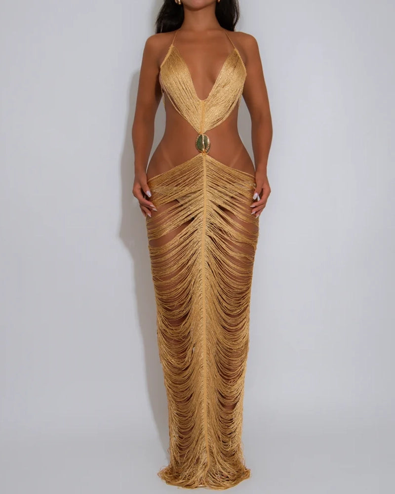 Annika Khaki Metallic Fringe Cutout Halter Maxi Dress