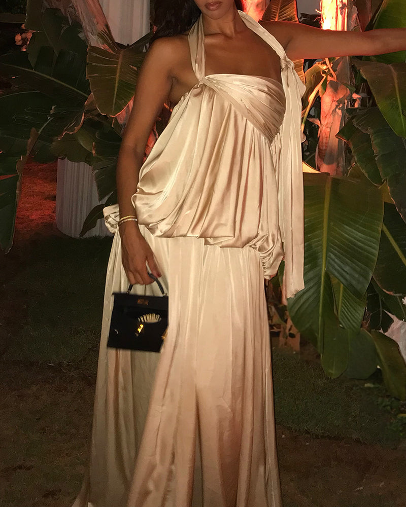 Madelyn Khaki One-Shoulder Bow Satin Maxi Dress
