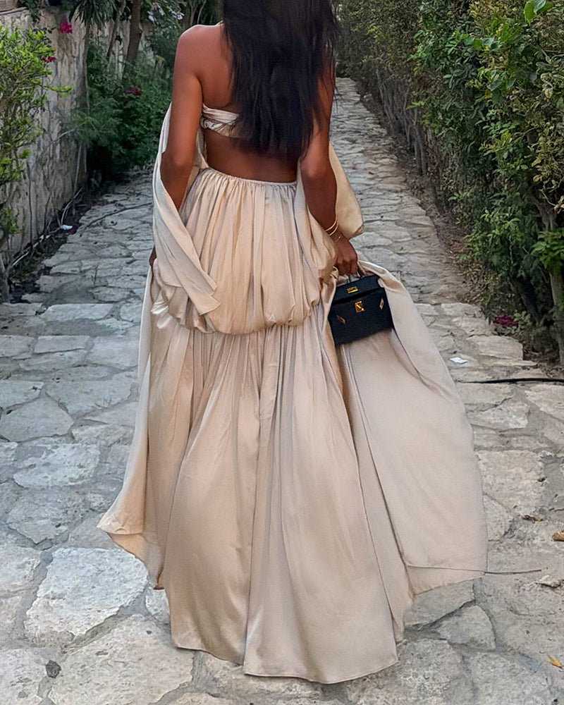 Madelyn Khaki One-Shoulder Bow Satin Maxi Dress