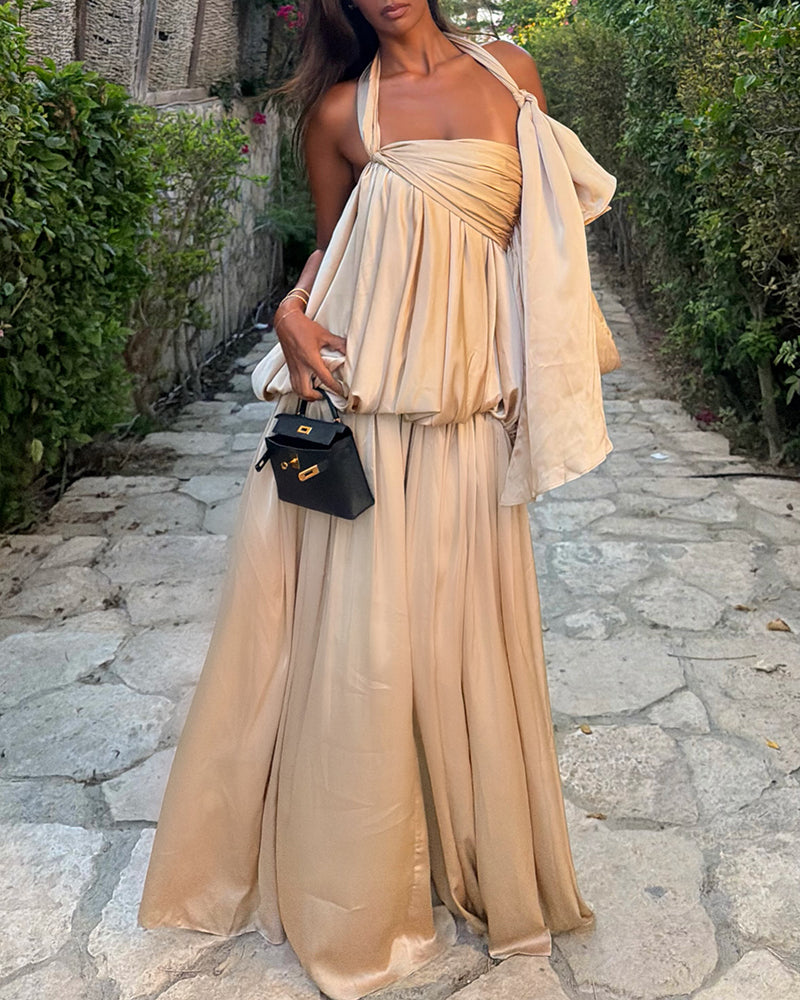 Madelyn Khaki One-Shoulder Bow Satin Maxi Dress