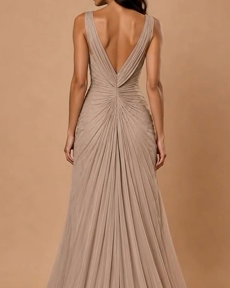 Sapphira Khaki Deep V Pleated Chiffon Maxi Evening Gown