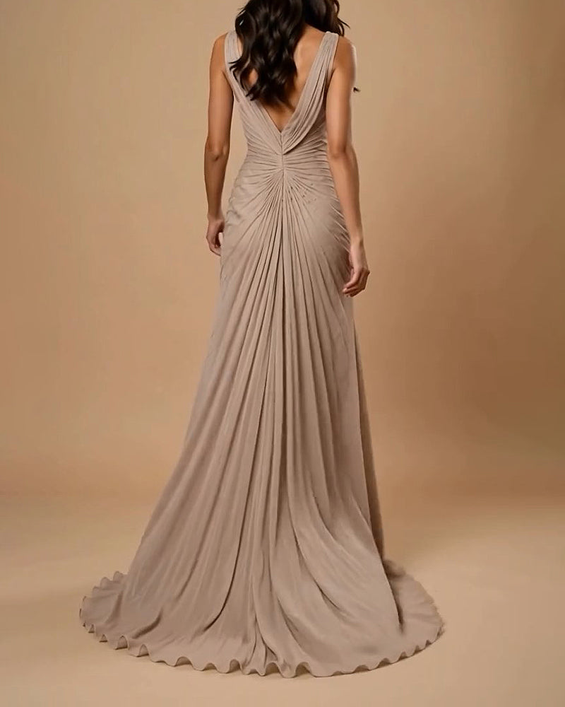 Sapphira Khaki Deep V Pleated Chiffon Maxi Evening Gown