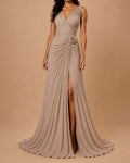 Sapphira Khaki Deep V Pleated Chiffon Maxi Evening Gown