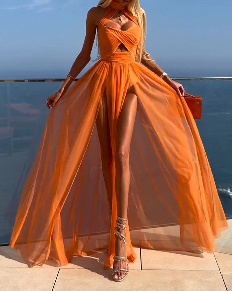 Isla Orange Cross-Front Keyhole High-Slit Chiffon Maxi Dress