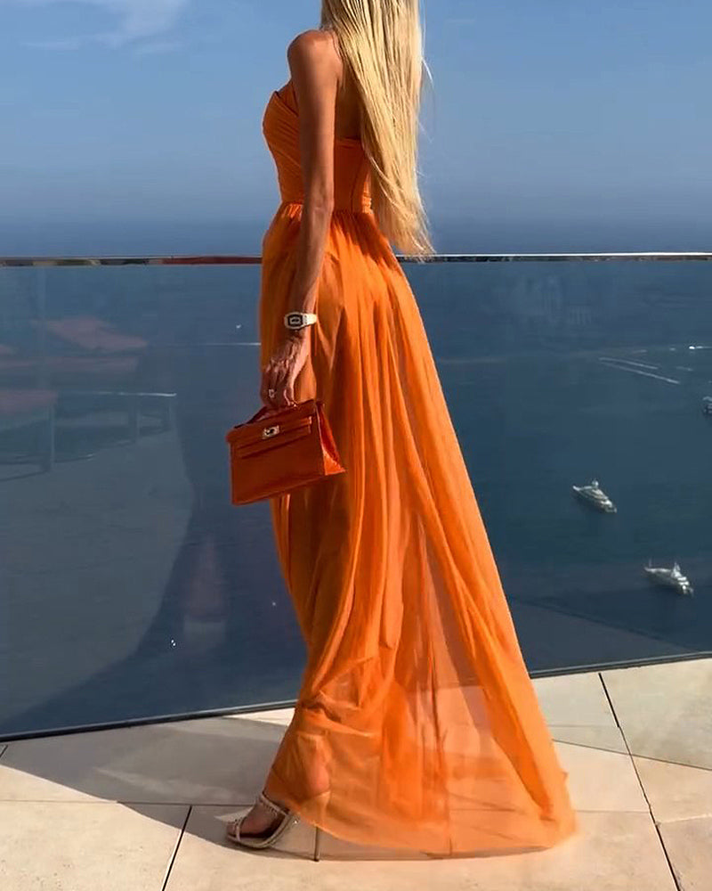 Isla Orange Cross-Front Keyhole High-Slit Chiffon Maxi Dress