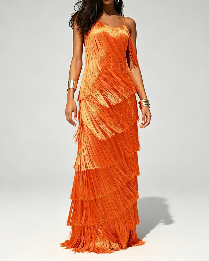 Sadie Orange Tiered Fringe Cami Maxi Dress