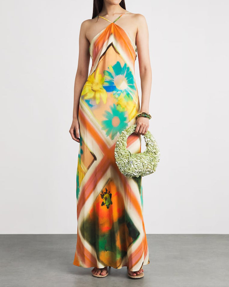 Taryn Orange Printed Halterneck Slip Dress