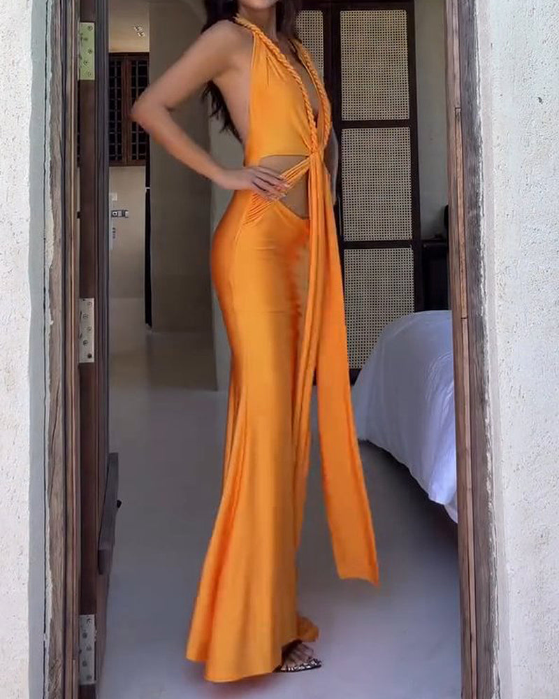 Rosalind Orange Center Knot Halter Cut-Out Maxi Dress