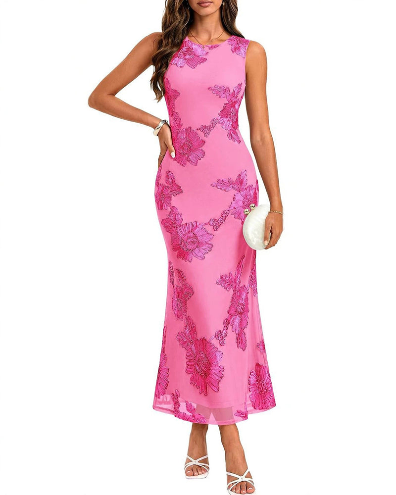 Zia Pink Floral Embroidered Sleeveless Maxi Dress