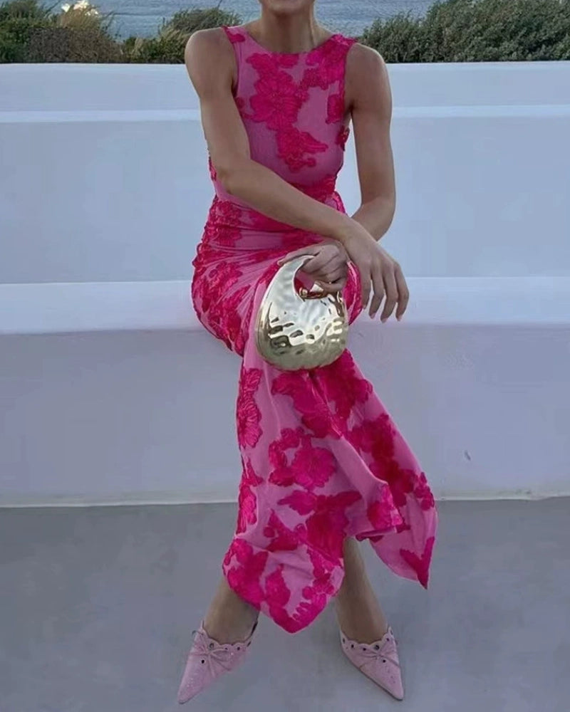 Zia Pink Floral Embroidered Sleeveless Maxi Dress