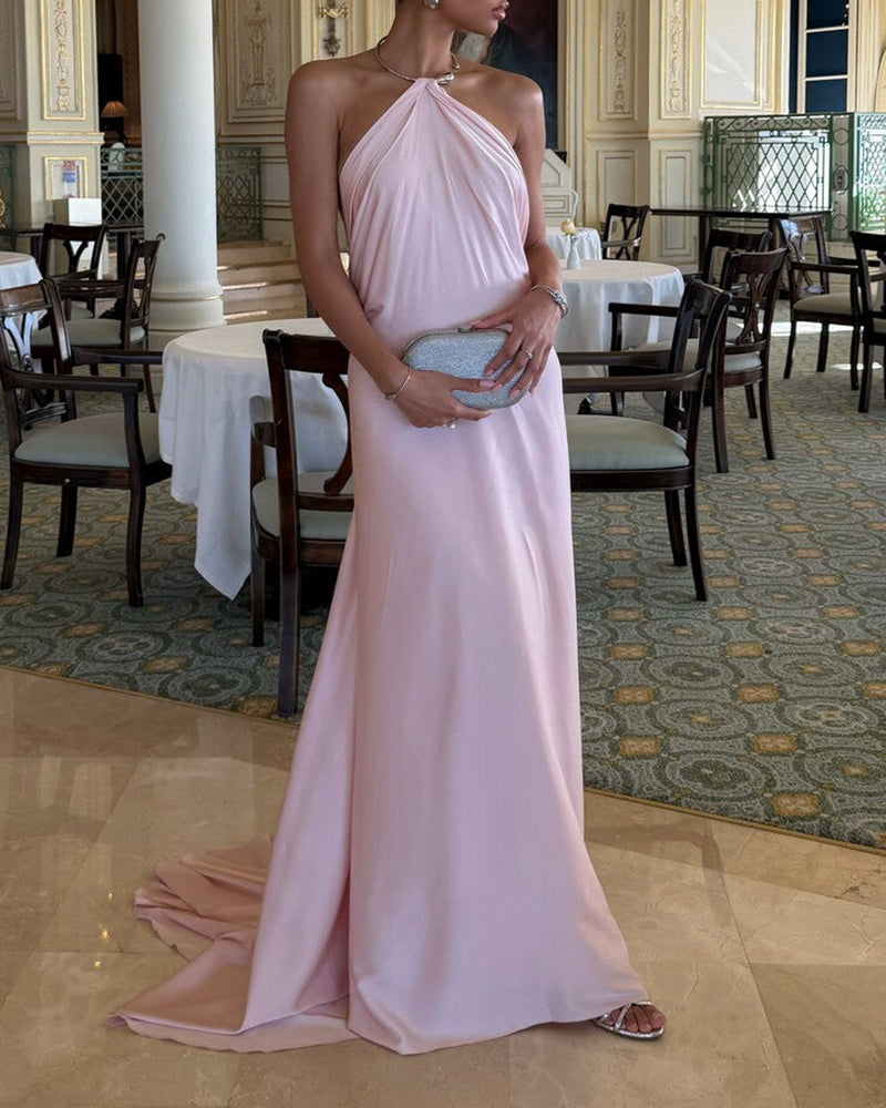 Scarlett Pink Halter Neck Satin Maxi Dress