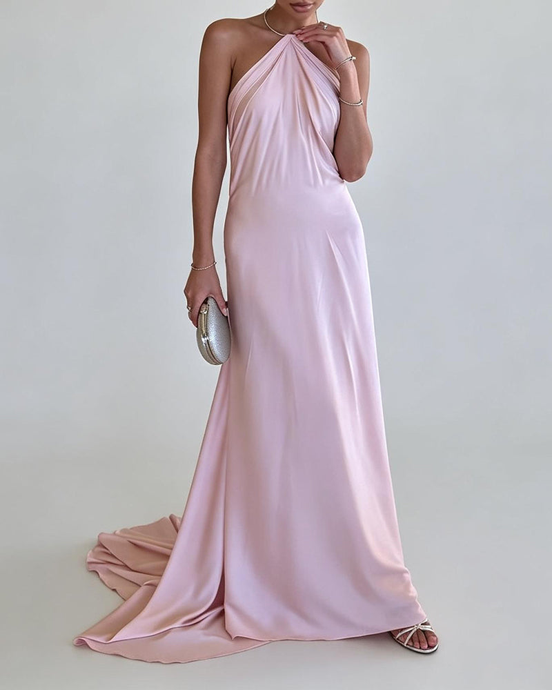 Scarlett Pink Halter Neck Satin Maxi Dress