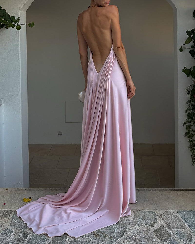 Scarlett Pink Halter Neck Satin Maxi Dress