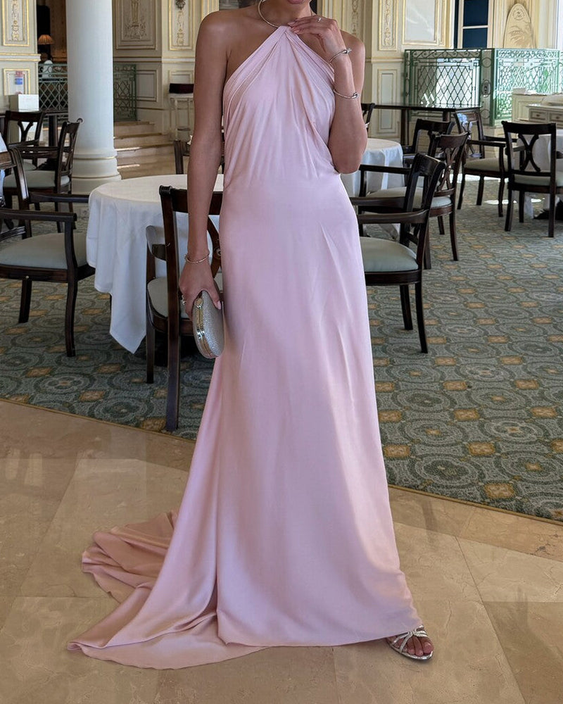 Scarlett Pink Halter Neck Satin Maxi Dress