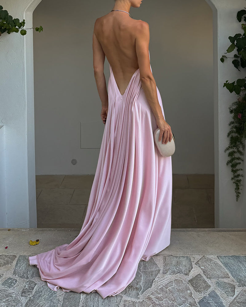 Scarlett Pink Halter Neck Satin Maxi Dress