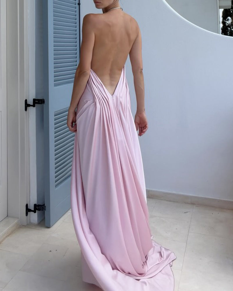 Scarlett Pink Halter Neck Satin Maxi Dress