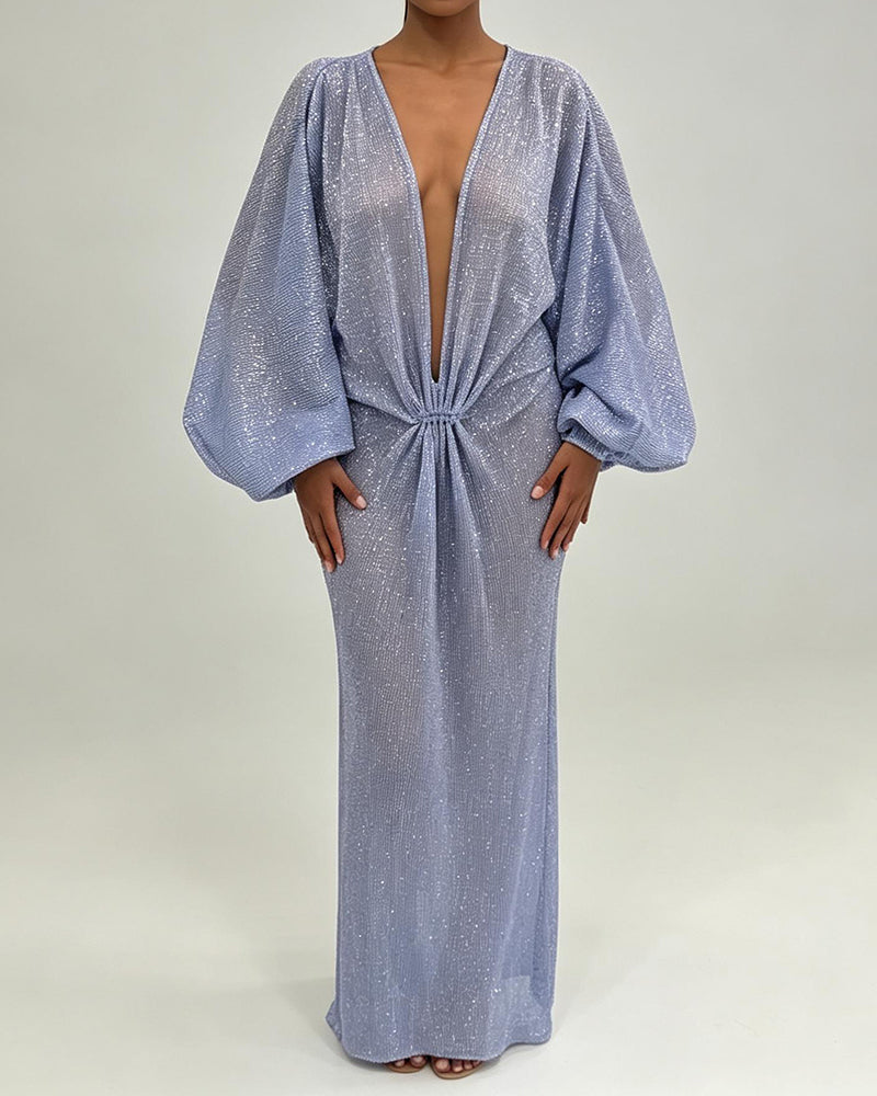 Anouk Purple Plunging Shimmer Balloon-Sleeve Kaftan Maxi Dress