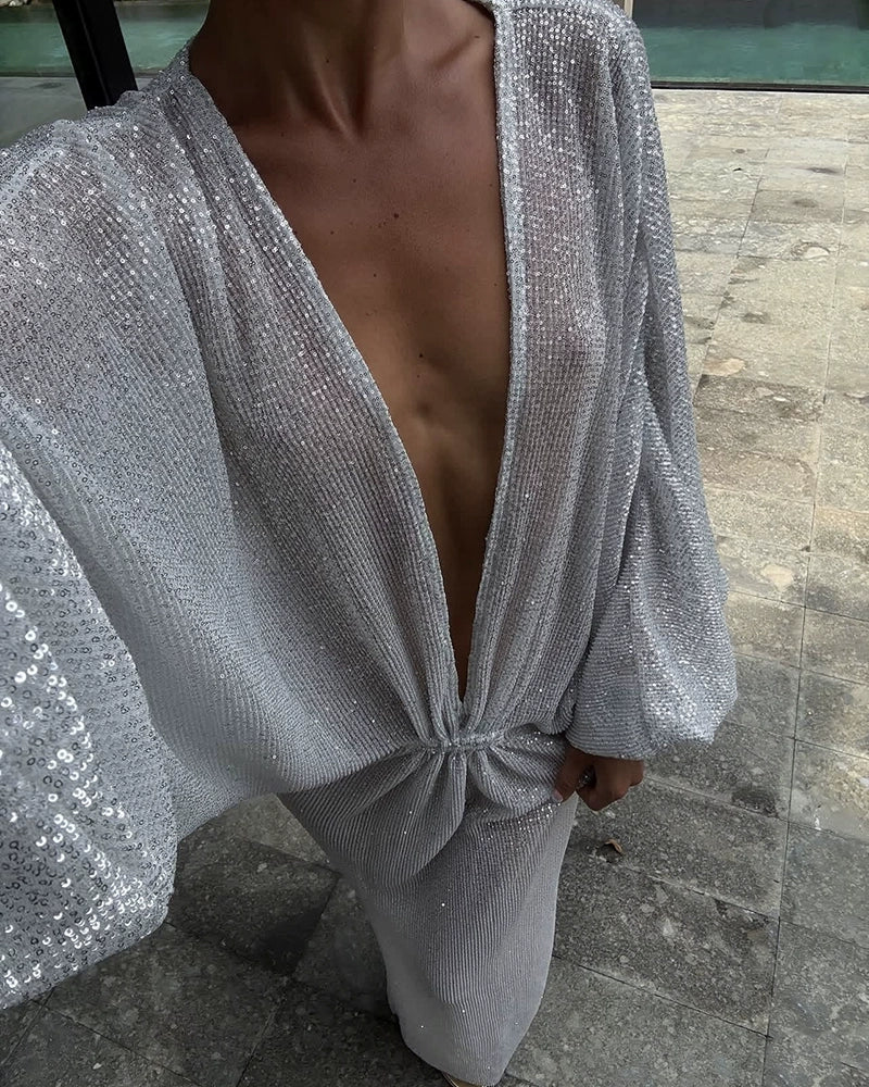 Anouk Purple Plunging Shimmer Balloon-Sleeve Kaftan Maxi Dress