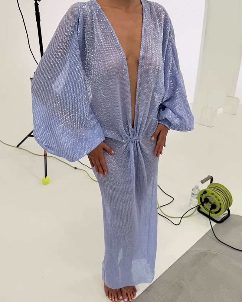 Anouk Purple Plunging Shimmer Balloon-Sleeve Kaftan Maxi Dress