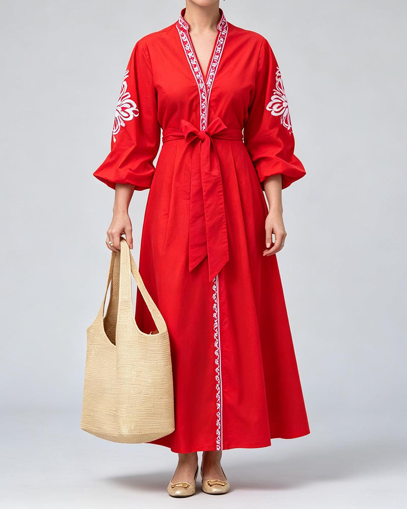 Zara Red Floral Pattern Kaftan Maxi Dress