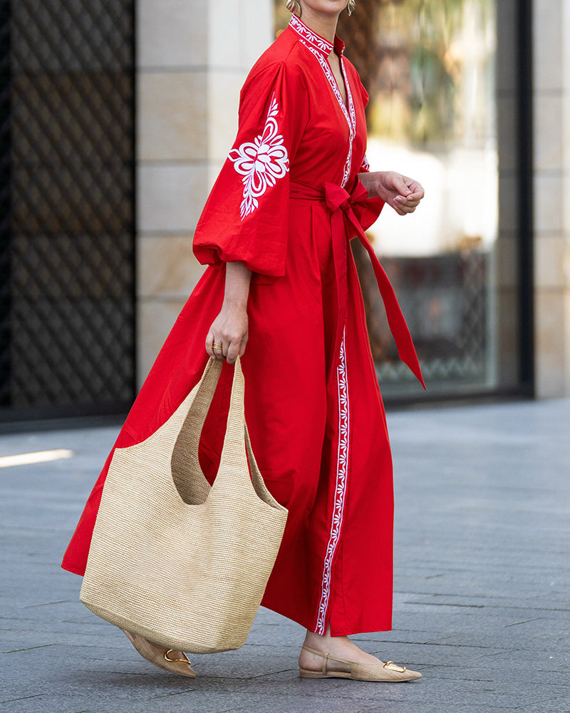 Zara Red Floral Pattern Kaftan Maxi Dress