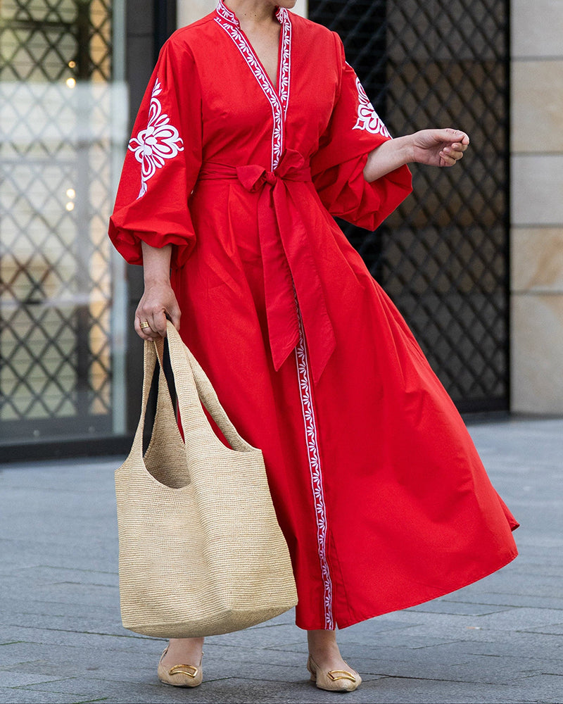 Zara Red Floral Pattern Kaftan Maxi Dress