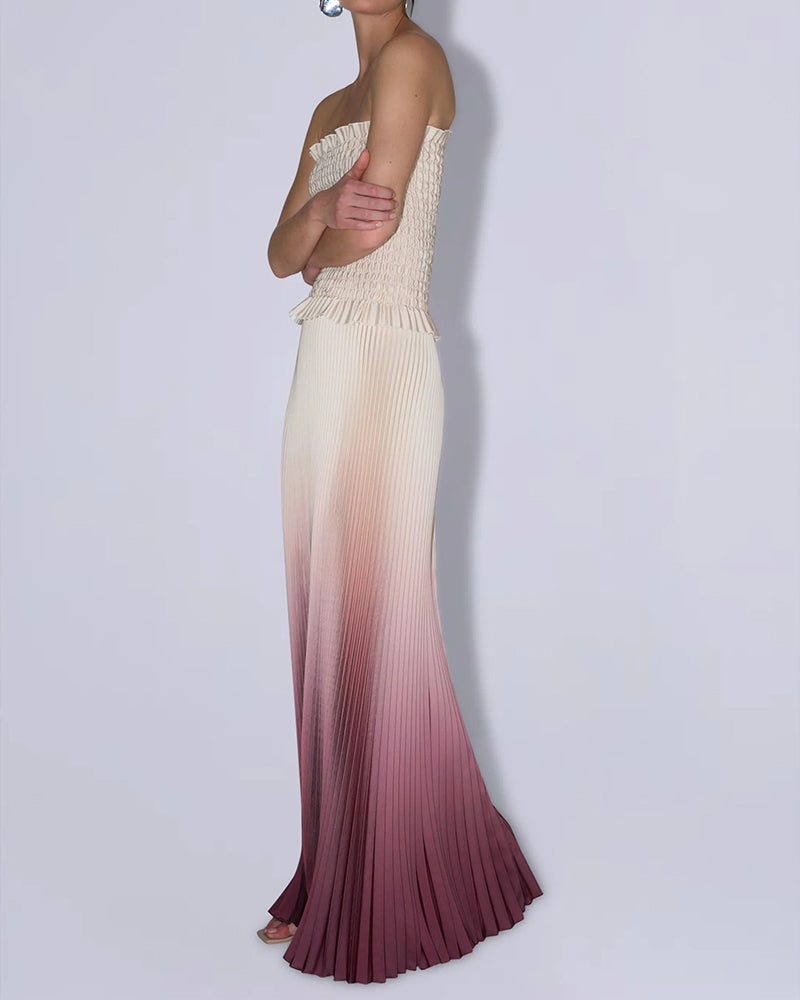Veda Rose Red Ombre Pleated Smocked Maxi Dress