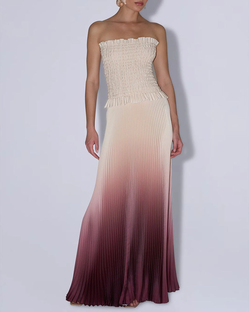 Veda Rose Red Ombre Pleated Smocked Maxi Dress