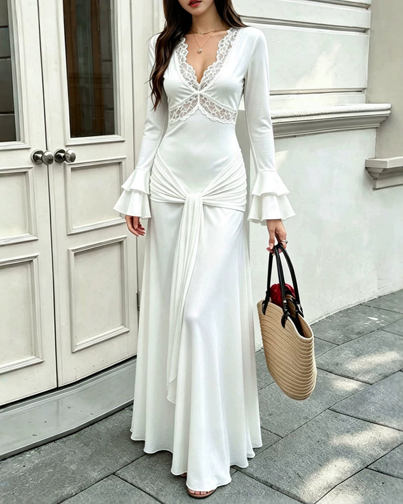 Zephyra White Long Sleeve Lace Trim Draped Maxi Dress