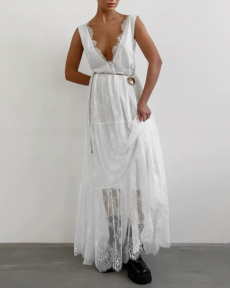 Rosalinda White V-Neck Lace Tiered Maxi Dress