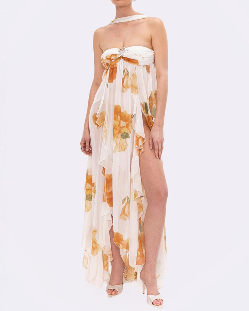 Clara White Strapless Floral Chiffon Ruffle Maxi Dress