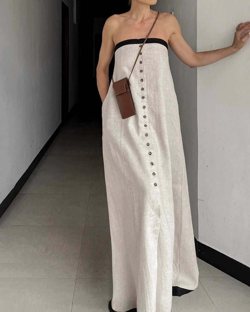 Zinnia Contrast Trim Button-Down Maxi Dress