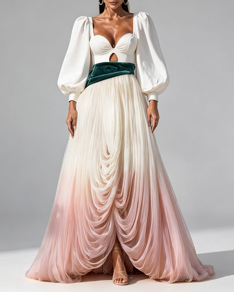 Arielle White Puff-Sleeve Ombré Draped Maxi Dress