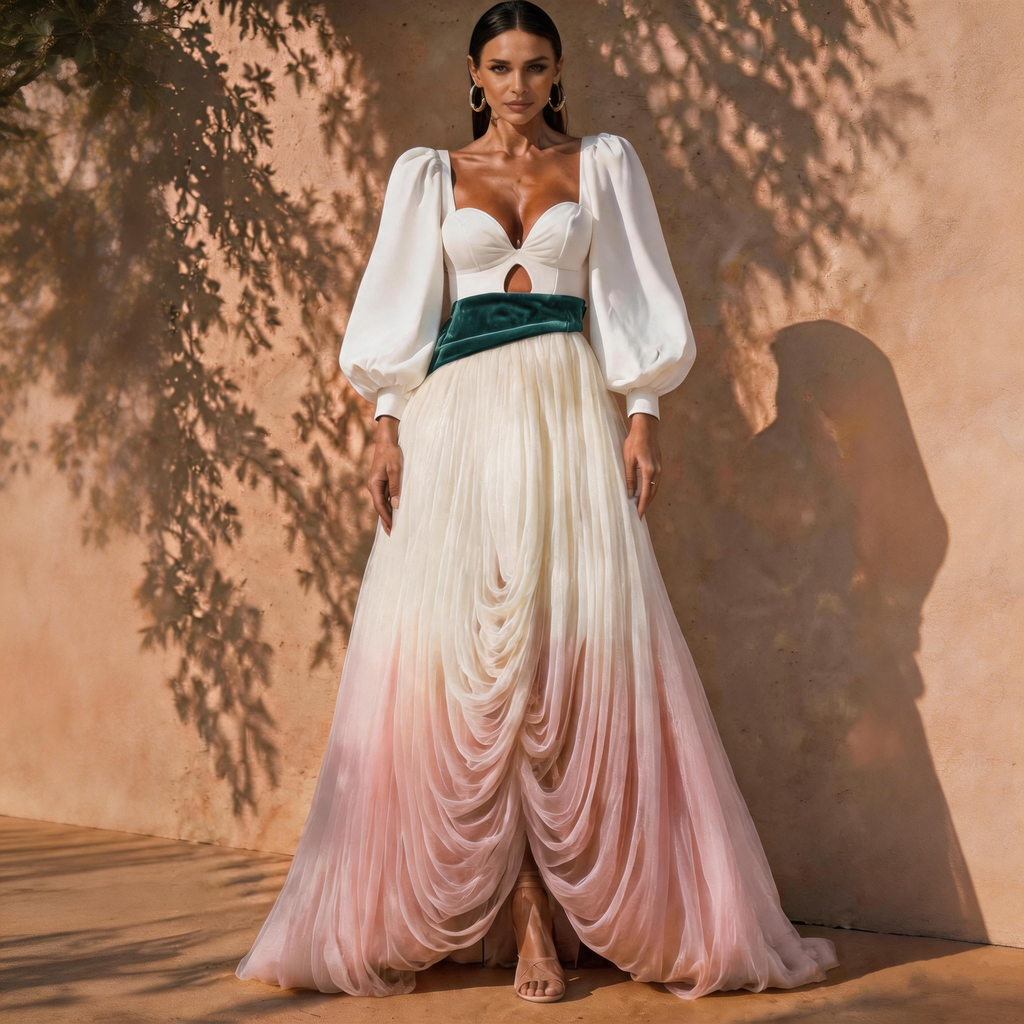 Arielle White Puff-Sleeve Ombré Draped Maxi Dress