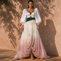 Arielle White Puff-Sleeve Ombré Draped Maxi Dress