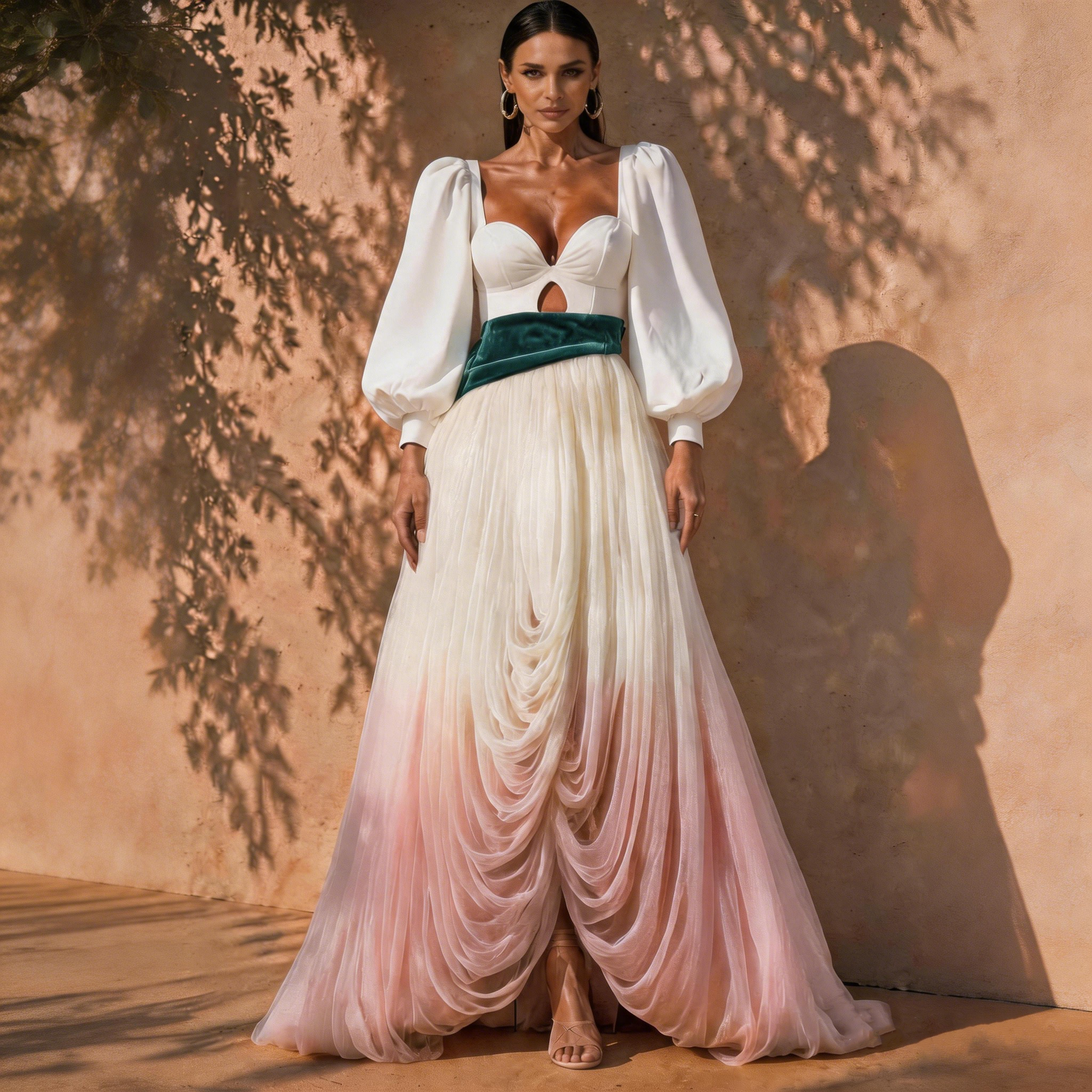 Arielle White Puff-Sleeve Ombré Draped Maxi Dress