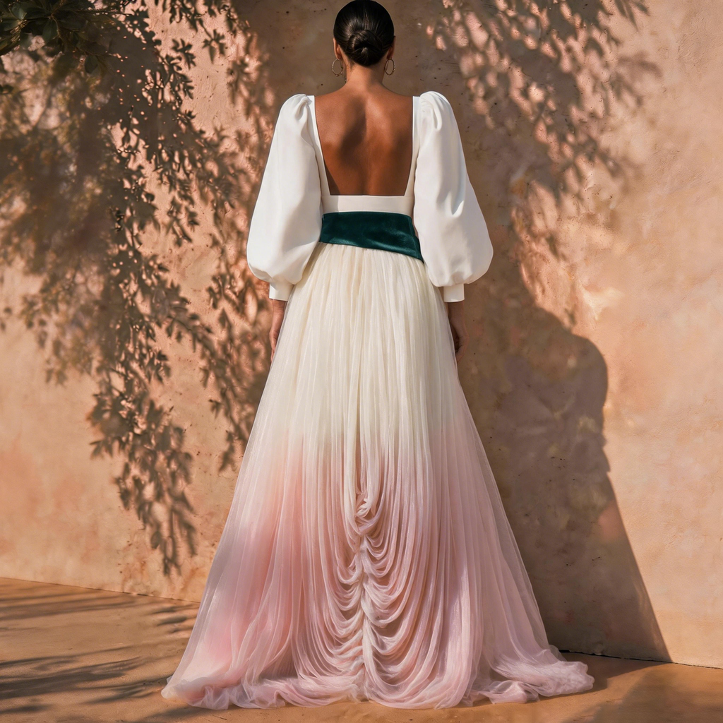 Arielle White Puff-Sleeve Ombré Draped Maxi Dress