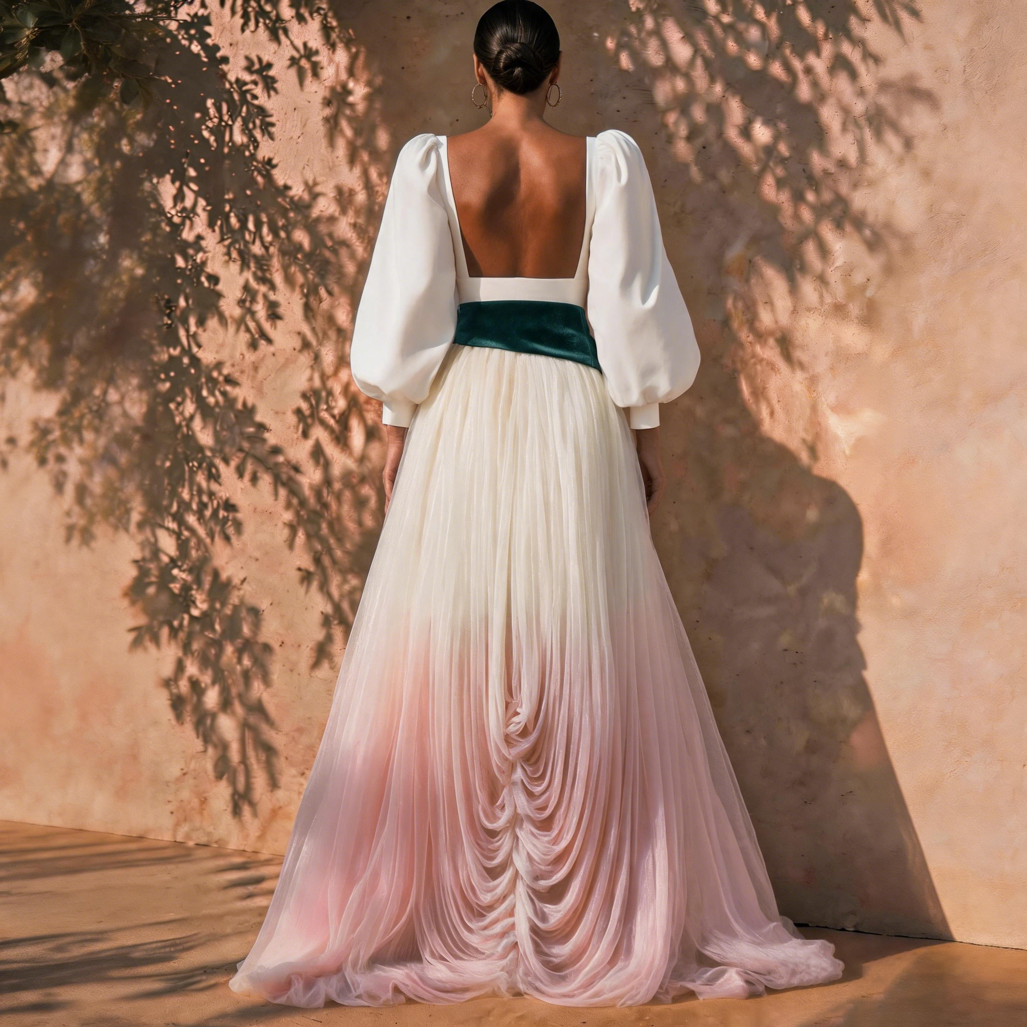 Arielle White Puff-Sleeve Ombré Draped Maxi Dress