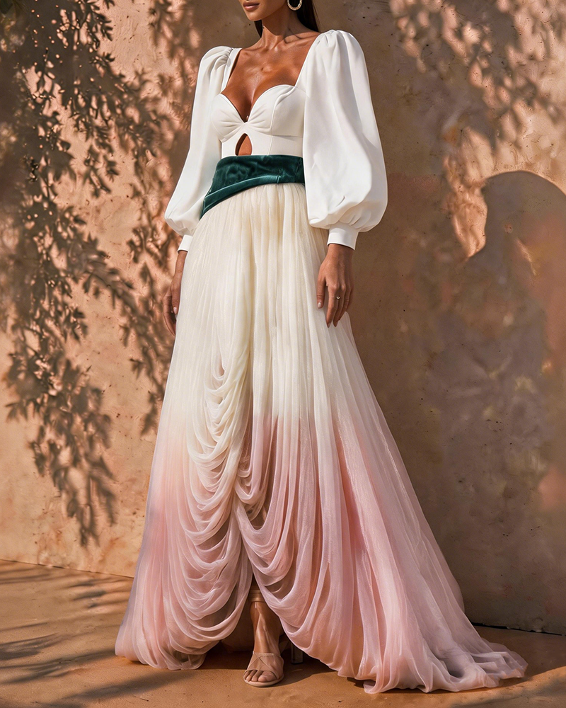 Arielle White Puff-Sleeve Ombré Draped Maxi Dress