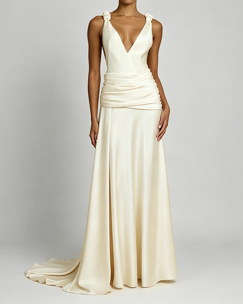 Aniya White Knot-Shoulder Ruched Satin Maxi Dress