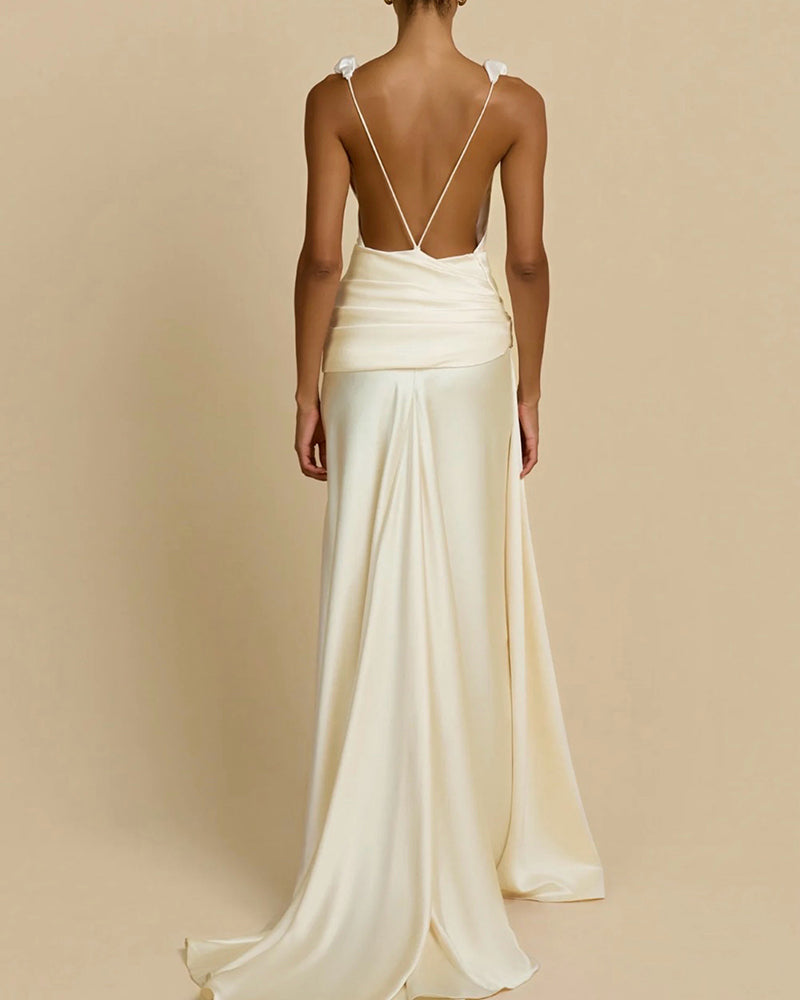 Aniya White Knot-Shoulder Ruched Satin Maxi Dress